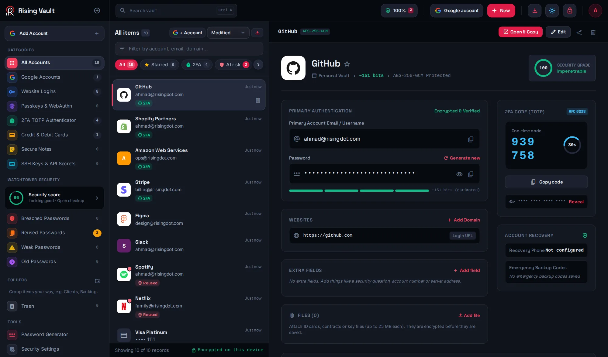 Rising Vault showing a GitHub login with a live 2FA code